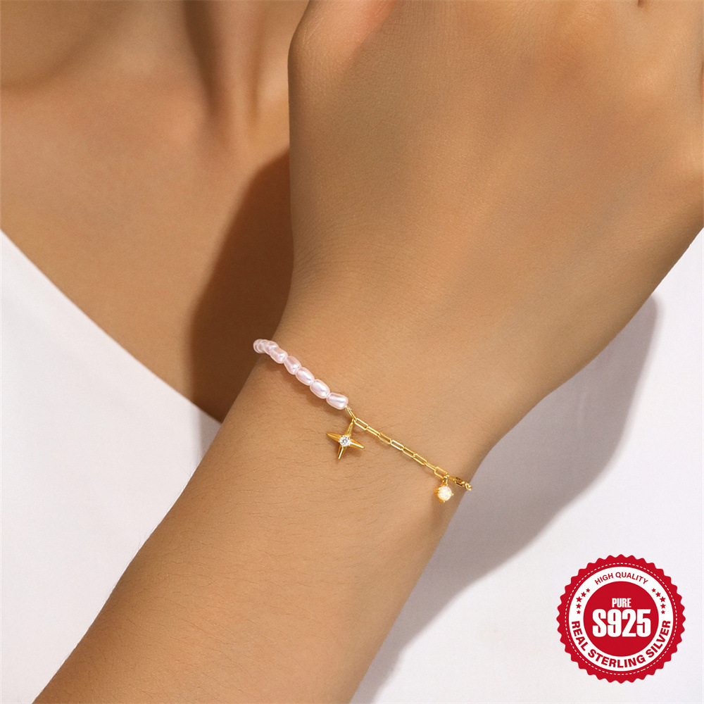 Ins estilo simple moda lujo ligero transfronterizo s925 plata de ley exquisita Opal star ab cadena de perlas pulsera apilada