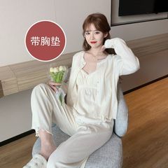 新款带胸垫三件套装睡衣女春秋季长袖网红甜美纯欲风家居服可外穿