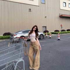 实拍真两件叠穿辣妹修身显瘦抹胸女简约时尚阔腿休闲裤工装裤潮