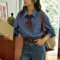 【新品】soligther法式复古莱赛尔蓝色长袖衬衫女秋季