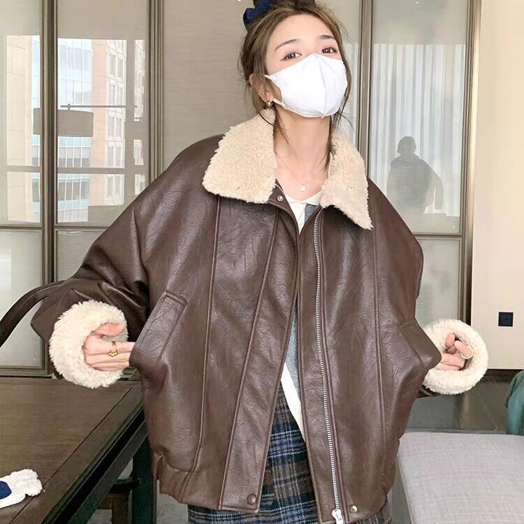 美拉德复古皮衣加绒加厚短款羊羔毛外套女冬2025新款宽松机车夹克|undefined