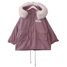 秋冬新款韩版学院风中长款仿兔绒大衣宽松双口袋连帽带毛领外套女