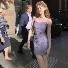 AshySnow梦境蝴蝶弹力印花抽褶紫色吊带连衣裙扎染修身包臀