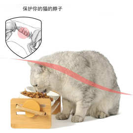 定制高架猫陶瓷碗小型犬15°倾斜饲养喂食盘 实心竹水架喂食套装