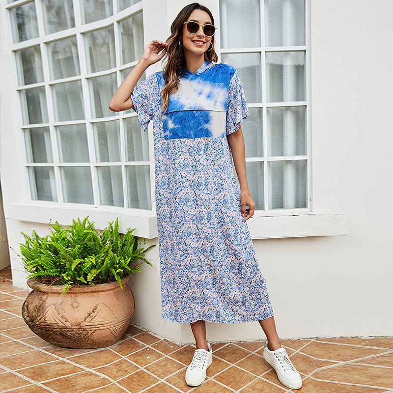 Summer New Stitching Large Swing Dress Tie-dyed Floral Stitching Dress Mid-sleeve Loose Casual Hooded Dress