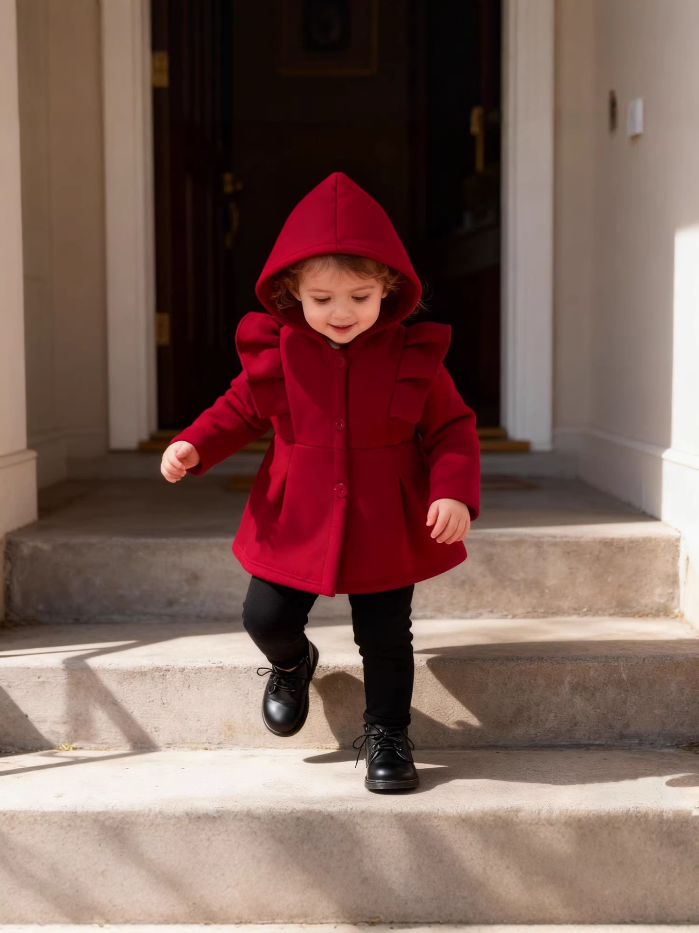 Cross-border autumn and winter baby girls' hooded single-breasted plain lace thickened long sleeve one-piece coat