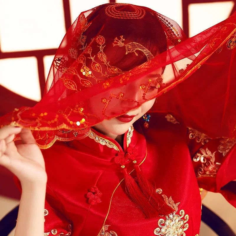 中式婚礼盖头秀禾服红盖头头新娘头纱红色秀禾红盖头|undefined