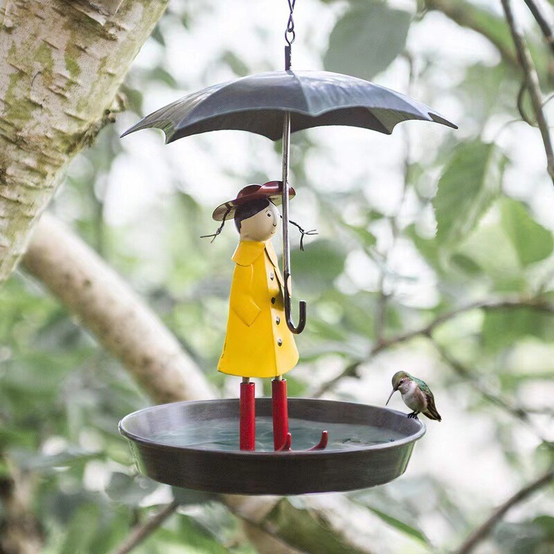 Cross-Border New Style Umbrella Little Girl Bird Feeder Outdoor Courtyard Bird Feeder Metal Crafts Morning Dew