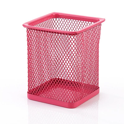 Pen holder metal mesh desk organizer, round/square, 11×10×11 cm, multiple colors