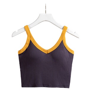 Summer One-piece Underwear with Chest Pad Threaded Color Contrast All-match Elastic Inner Wearing Exterior Top V-neck