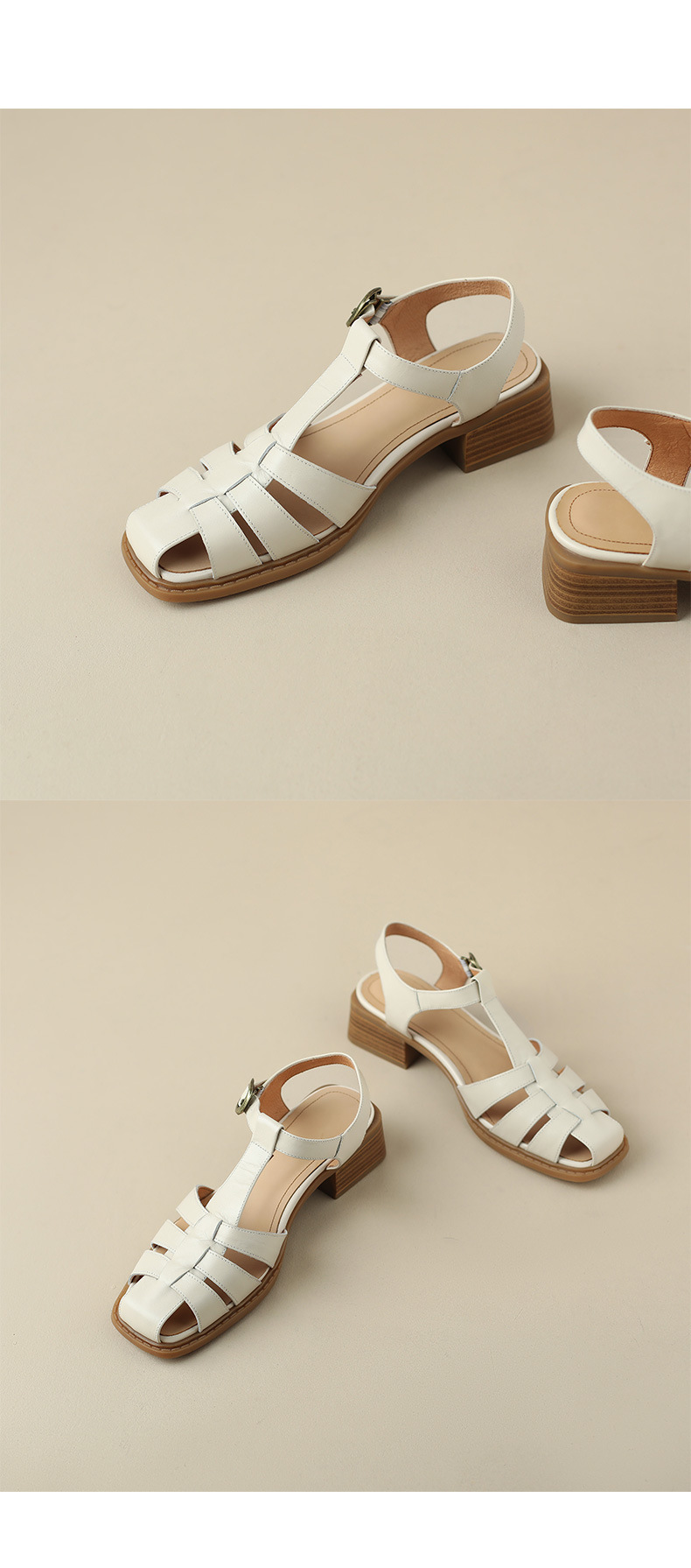Sandal bít mũi dệt cổ điển nữ quai chữ T gót thấp da bò — Màu nâu đậm chi tiết 18