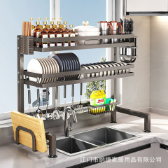 Kitchen sink shelf, dish rack, gray multi-functional dish drying rack, placed on the countertop, holds bowls and plates, drain rack