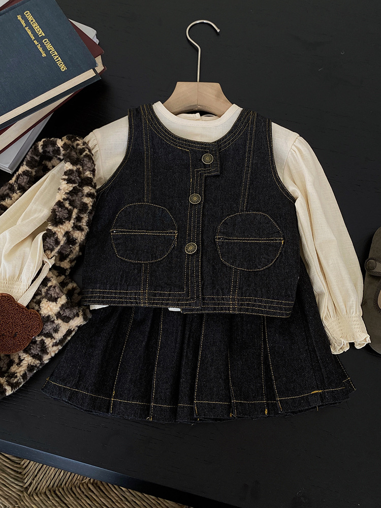 Camicia alla moda con gonna a pieghe in denim con tasche a girocollo e gonna a pieghe in denim autunno 2023 per bambini del nuovo autunno 2023_voghion.com