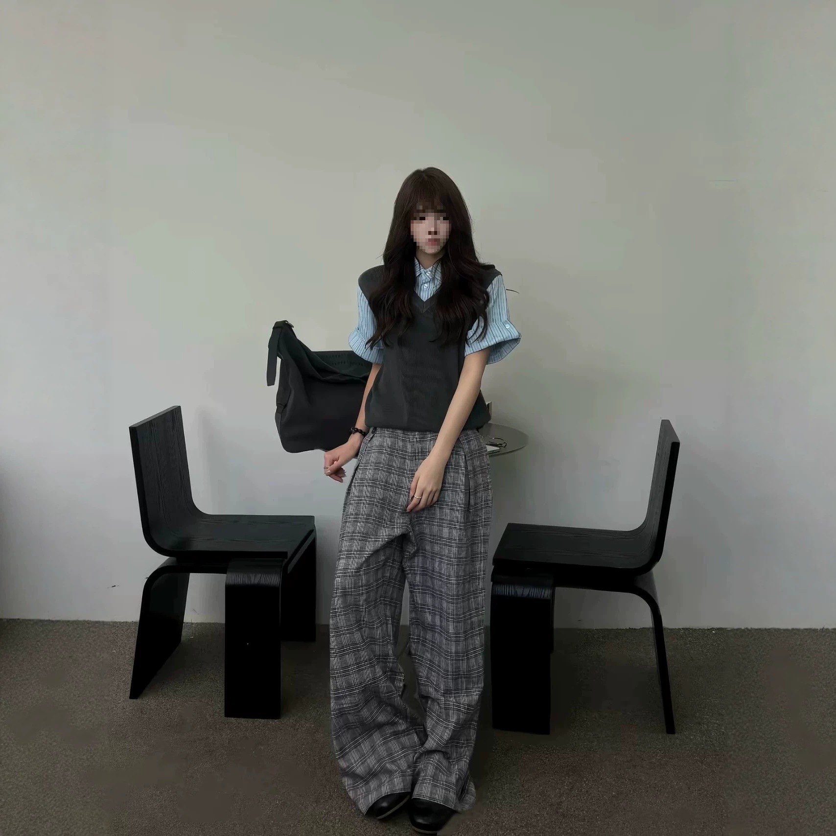 潮牌美式秋季松弛感格纹打褶休闲裤直筒A字阔腿西裤通勤西装长裤