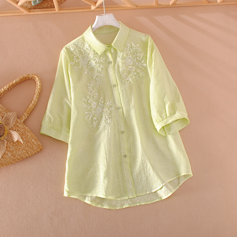 Shirt Women's Green Lapel Three-Quarter Sleeve Versatile Top Korean Style Fresh Fashion Sequin Light and Comfortable Shirt Summer