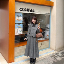 英伦复古时尚套装女秋季2025新款灰色外套上衣高腰A字长裙两件套