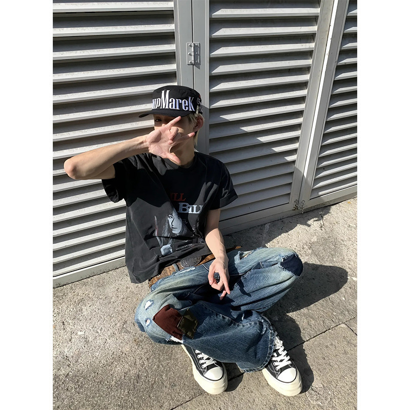 キリング・ビル Tシャツ メンズ 夏 アメリカン ヴィンテージ ストリート スモールネックライン 半袖 ボクシーバージョン 右肩半袖|undefined