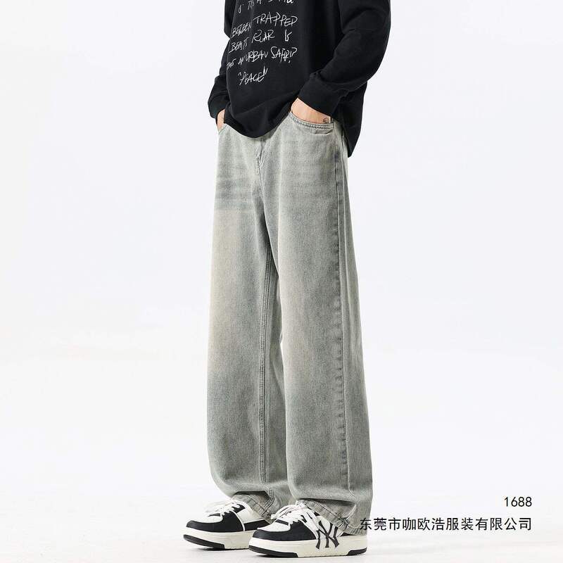 New style whiskered vintage wash jeans for spring and autumn, loose straight-leg men's trendy American-style casual pants New style whiskered vintage wash jeans for spring and autumn, loose straight-leg men's trendy American-style casual pants
