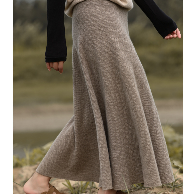 Beige skirt umbrella skirt high-end draping large skirt over the knee skirt tall autumn and winter wool skirt mid-length