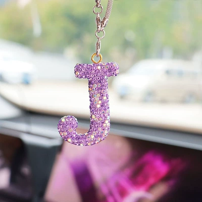 rhinestone car rearview mirror | Car hanging - j-letter-car-pendant-lotus-purple