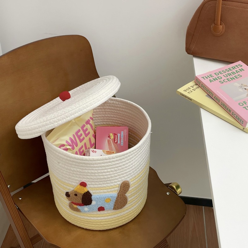かわいいリボン付き*ins風綿糸編み収納バスケット 家庭用デスクトップ雑貨・お菓子収納バスケット 蓋付き収納バスケット|undefined