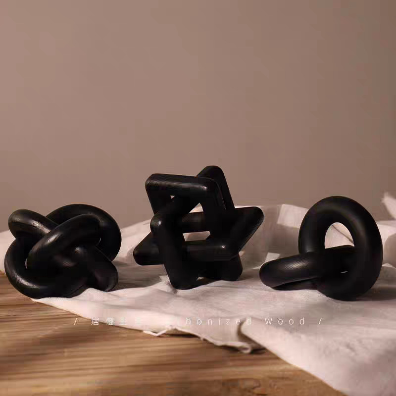 创意侘寂风黑色碳化木几何套环摆件样板间售楼处酒店民宿软装饰品