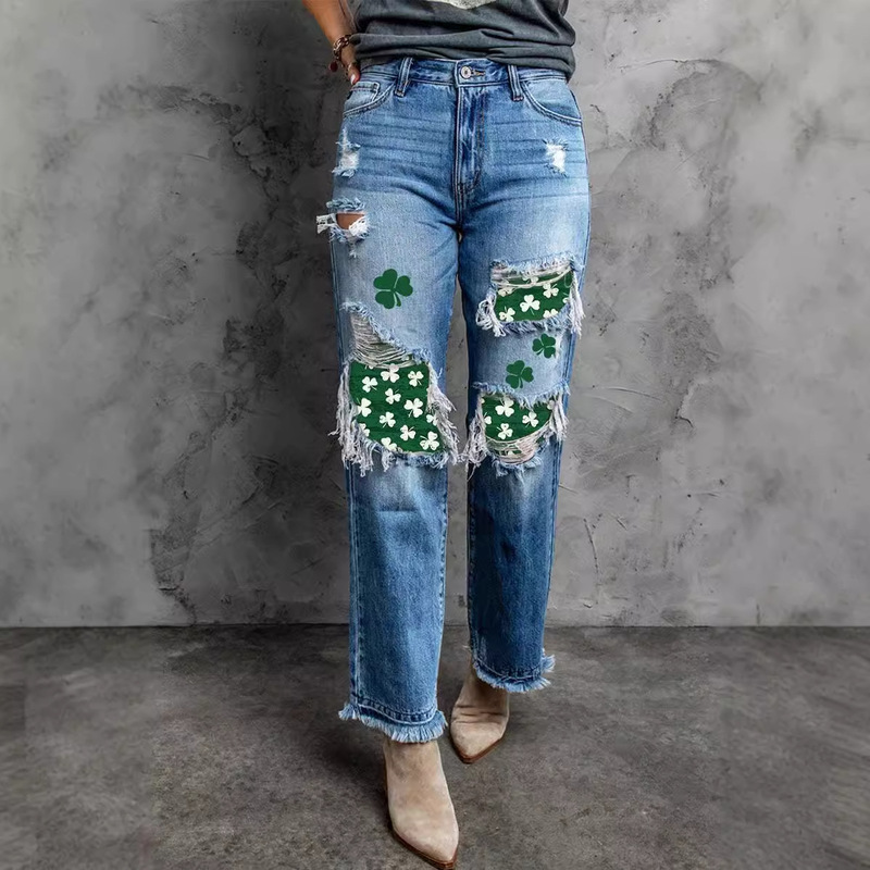 2025 Cross-Border European and American Irish Day Clover St. Patrick's Green Printed Jeans Raw Edge Straight Pants