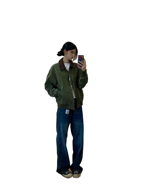复古军绿色拼接棒球服外套女2025年春秋新款宽松设计感撞色夹克潮|undefined