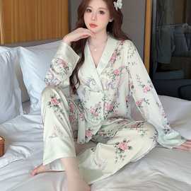 睡衣甜美长袖开衫纯欲风韩版外穿家居服套装高级感冰丝料少女风