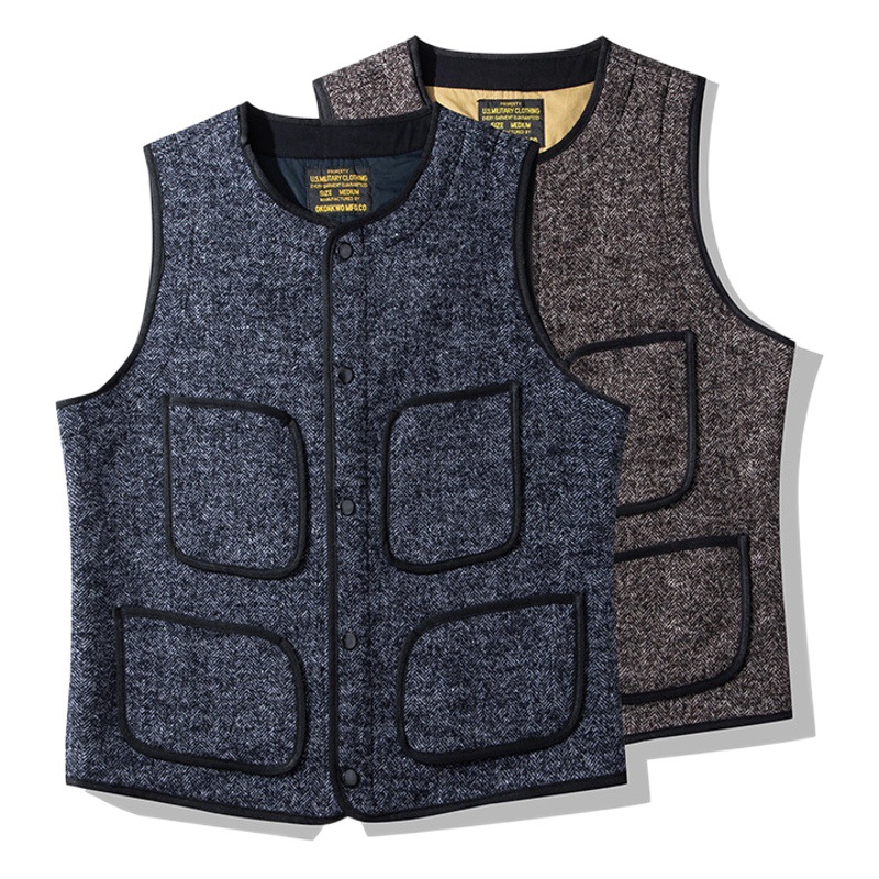 OKONKWO chaqueta de playa de marrón Chaleco de lana gruesa de cuello redondo multi-Bolsa de doble capa de lana chaleco