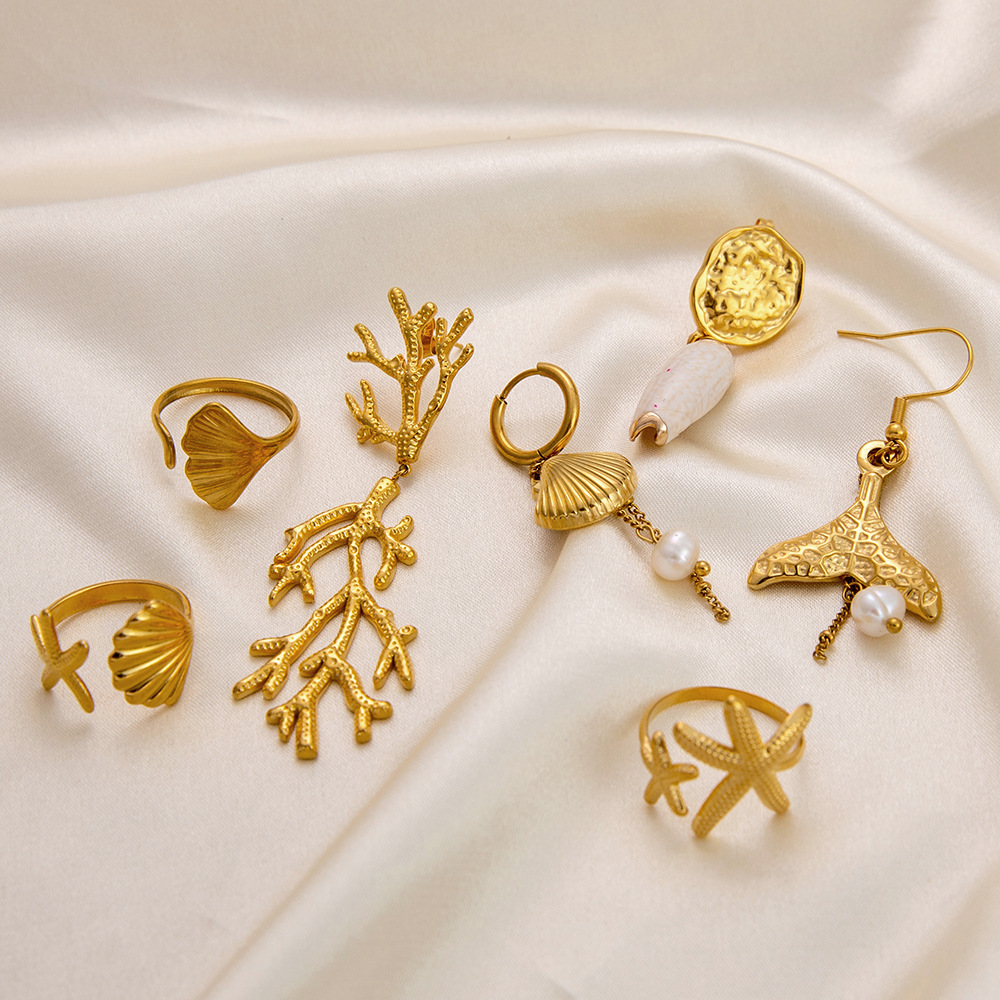 Marine Style, Classic Style Style Waterproof Non Tarnish, Plating Craft PVD Coated Real Gold Plated Scallop Conch Fish Tail 304 Stainless Steel Marine Style Classic Style Waterproof Non Tarnish Rings Earrings Necklace