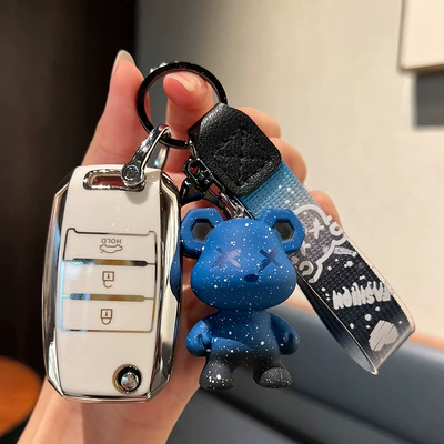 Car key bag | Buckle Men's and Women's - kia-b-folding-3-keys-single-shell-white-blue-violent-bear-pendant