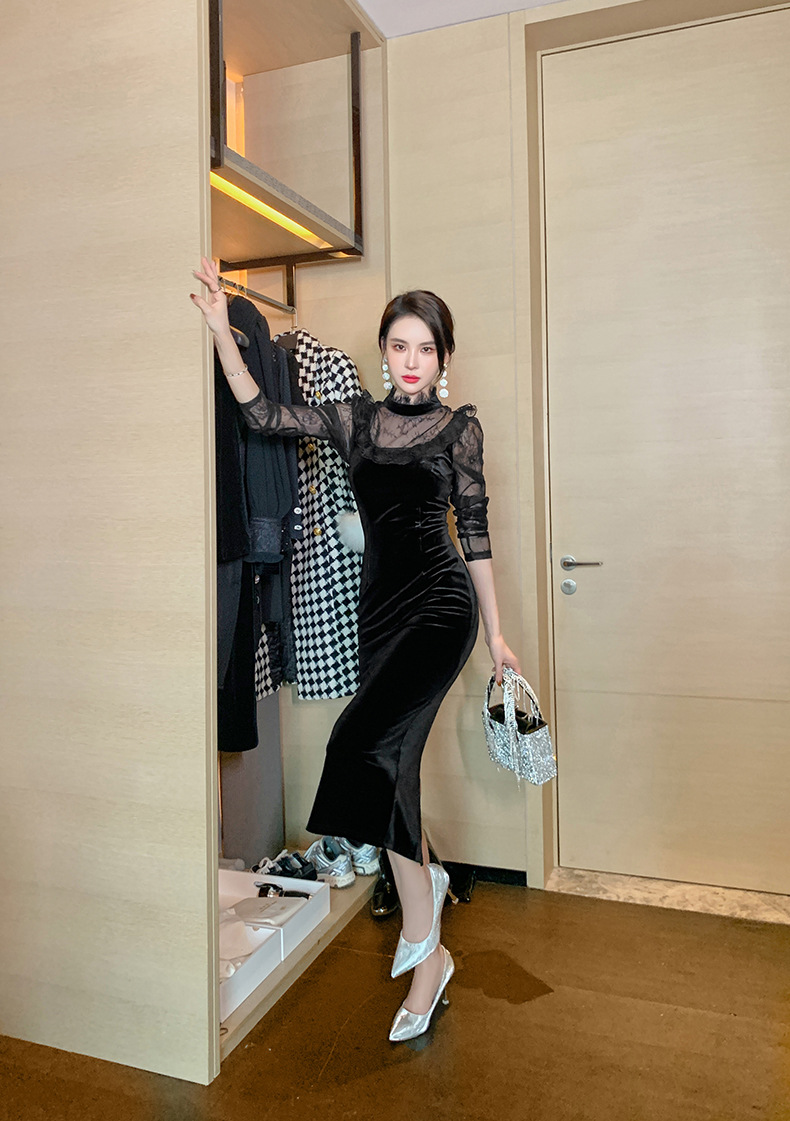 C1850 1190K VÁY ĐẦM LIỀN THÂN NỮ CHOTDNG DÀI TAY MÙA XUÂN THU ĐÔNG THỜI TRANG NỮ REN G04 SẢN PHẨM MỚI
