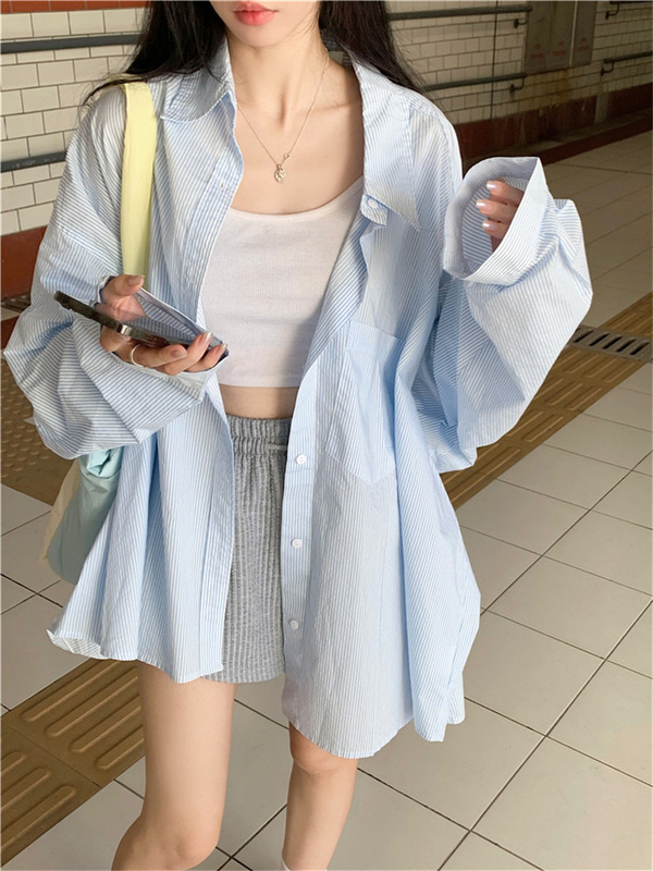 レイジースタイルストライプポロカラーシャツジャケット女性の夏の日焼け止めシャツルーズカジュアルカーディガンミッドレングストップ|undefined