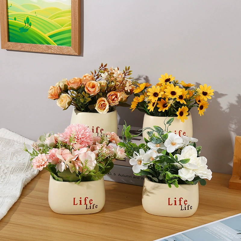 Поддельные цветы, пластиковые цветочные горшки, поддельные цветы подсолнуха, зеленые растения для гостиной, маленькие горшечные растения, обеденный стол, цветочные украшения, украшения оптом