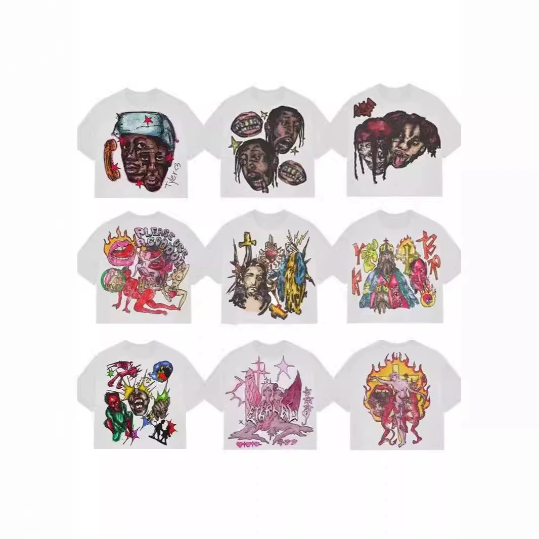 Трансграничная фабрика прямых продаж 2024 Летняя новая футболка мужская хип-хоп высокая улица граффити графическая печать уличной одежды