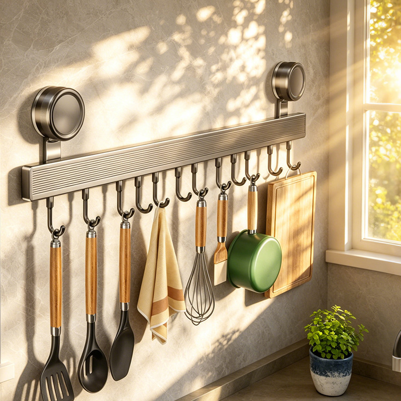 Manufacturer's Suction Cup Hook Kitchen No-Drill Storage Rack for Hanging Spatulas and Spoons, Wall-Mounted Organizer for Kitchen Utensils