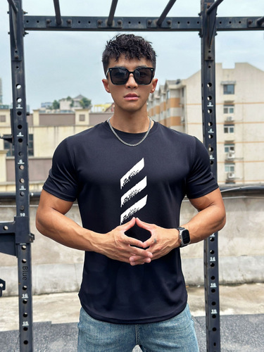 American Summer Muscle Fitness Brother Stylish Trendy Brand Short-Sleeve Men's Flow Mesh Solid Color T-Shirt Training Crew Neck Top