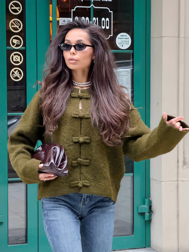 Áo cardigan len dài tay cổ tròn màu trơn cài khuy, form rộng — Màu tím, Xanh nhạt, Xanh quân đội, Xanh rêu đậm chi tiết 33