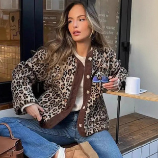 Aliexpress Hot Cross-Border European and American Style Women's Clothing Za American New Style Printed Fashion Loose Lambswool Leopard Print Jacket