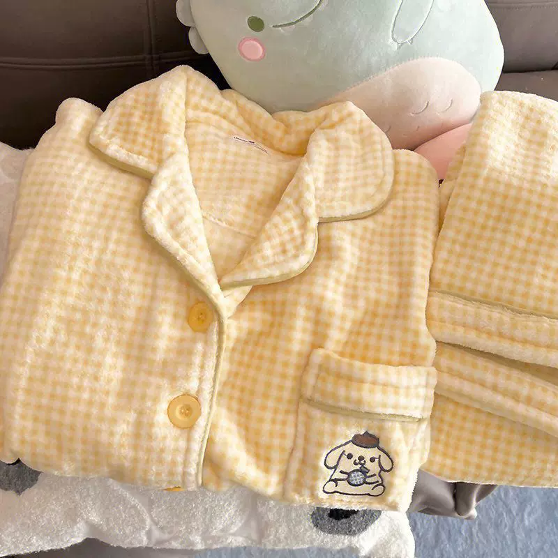 秋冬季加绒加厚开衫卡通甜美珊瑚绒法兰绒睡衣女长袖家居服套装