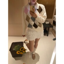有货秋韩系百搭领菱格针织毛衣藏青色均码白色灰色其他兔毛有吊牌