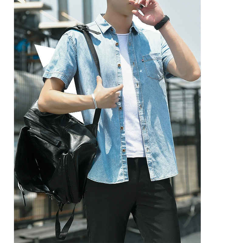 Новая летняя новая джинсовая рубашка с короткими рукавами из чистого хлопка, тонкая рубашка с половиной рукавов, джинсовый синий топ, студенческий ремонт с короткими рукавами