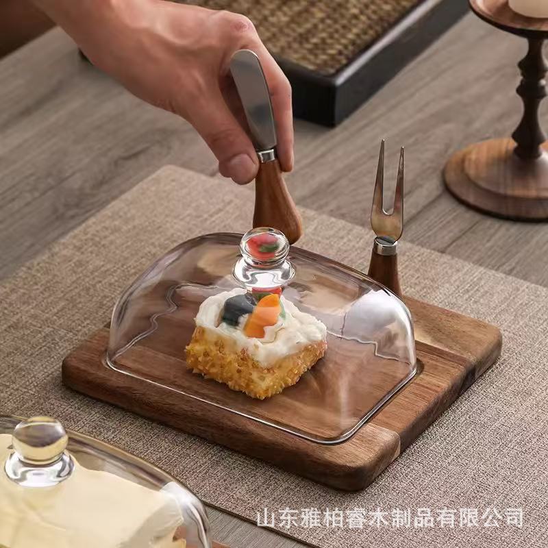 实木芝士奶酪托盘带玻璃盖展示黄油点心托盘餐厅甜点糕点盘