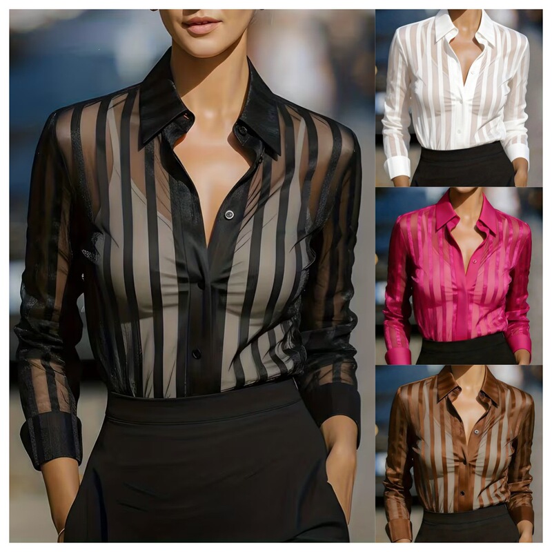 2026 Independent Site Wish Amazon Hot-Selling Item: Plaid Lightweight Hollow-Out Transparent Long-Sleeve Shirt for Women