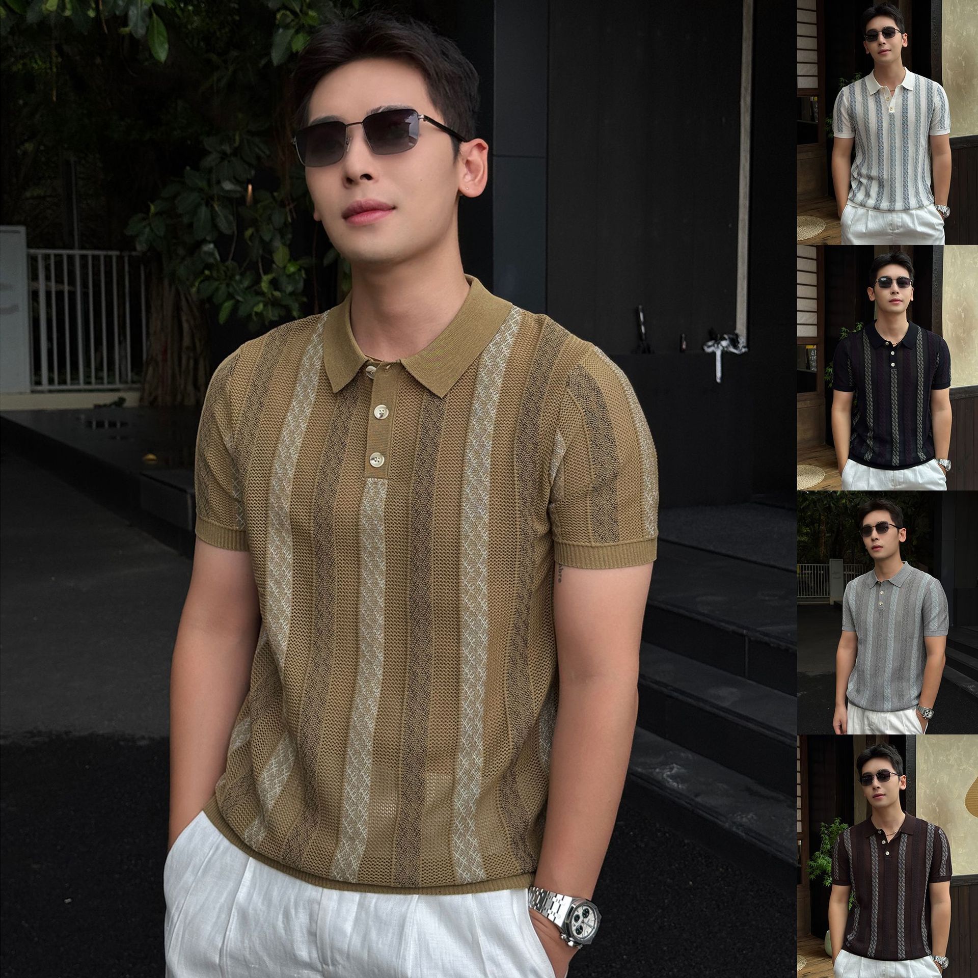 Polo camiseta de punto camiseta de manga corta camiseta de hombre solapa rayas huecas viejos vientos de alto nivel de verano fábrica transfronteriza al por mayor