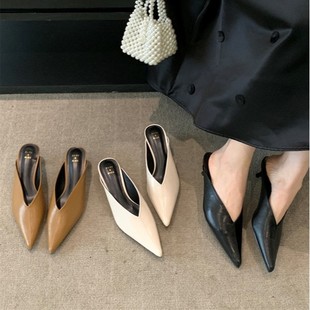 2025 Spring and Summer New Pointed Half Slippers Women's Outwear Baotou Middle Heel Sandals Women's Shoes Fashion Thin Heel Shoes