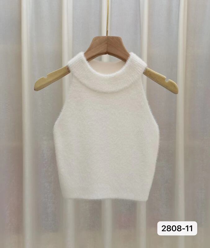 Vintage New Arrival Mink Hair Neck Small Vest Autumn Sleeveless Inner Top Women's Sling High Neck Knitted Tight