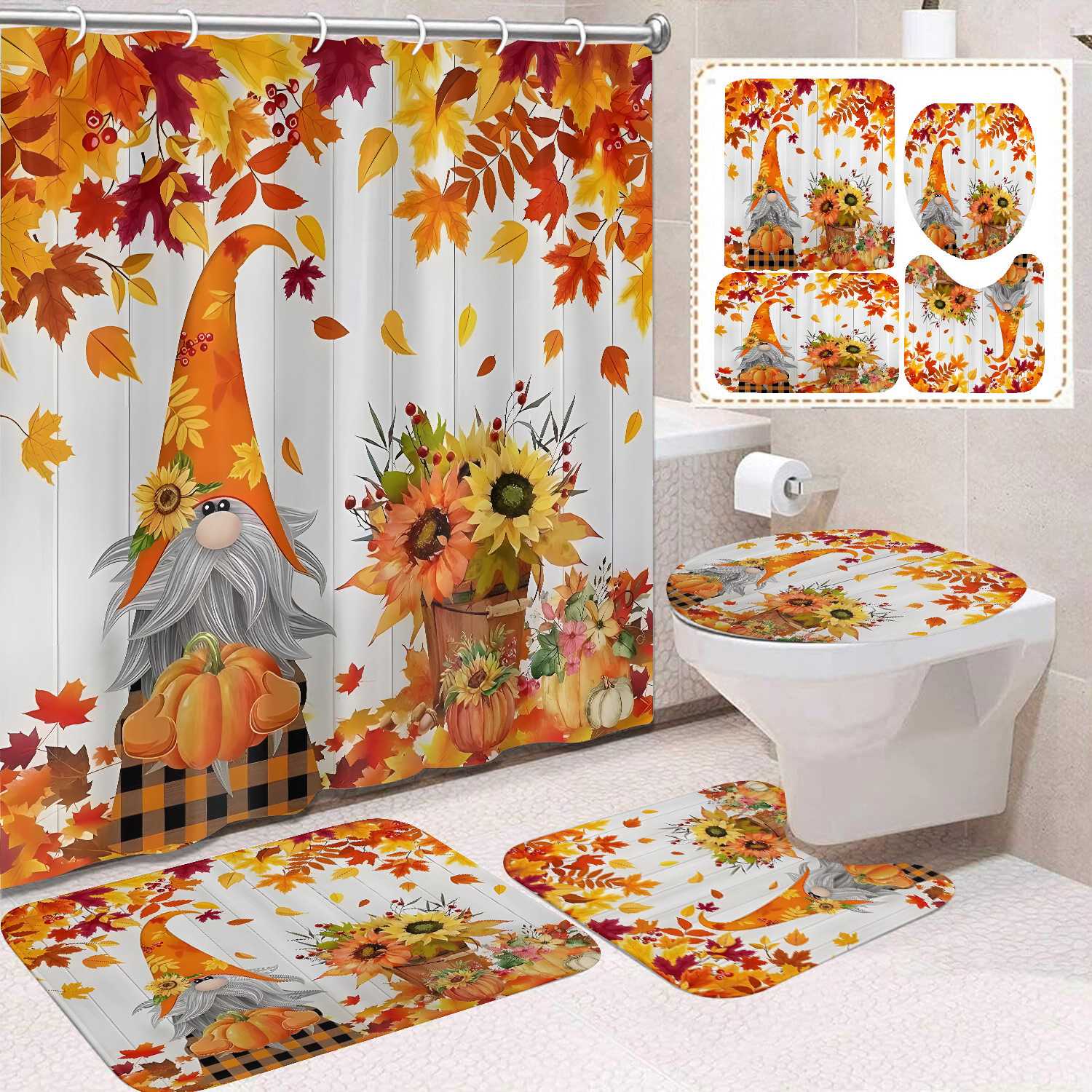 Cortina de ducha de Acción de Gracias, cosecha de otoño, serie de calabaza, cortina de ducha, cortina de baño, cortina de baño impermeable de poliéster, cortina de baño de cuatro piezas image 10