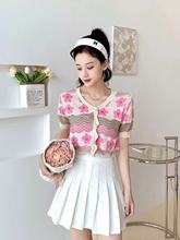 夏季新款小香风设计感气质V领镂空花朵刺绣薄款冰丝针织短袖上衣